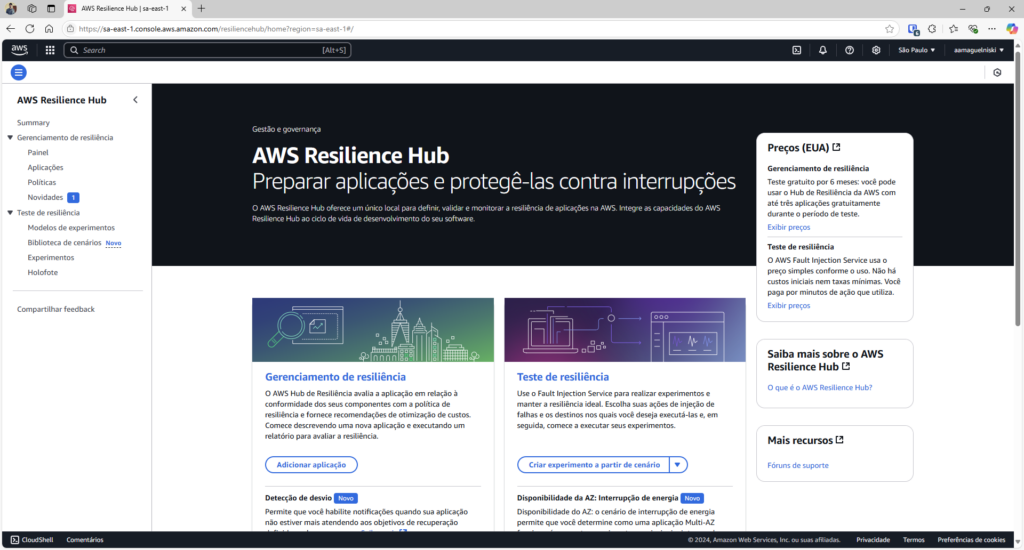 Tela inicial do AWS Resislience Hub onde você pode encontrar o AWS Fault Injection Simulator para aplicação de Chaos Engineering